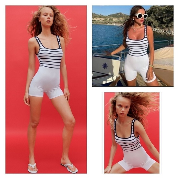 NWT ZARA Navy Blue White Seamless Striped Jumpsuit Romper Size M/L Blogger Fave - Picture 1 of 10